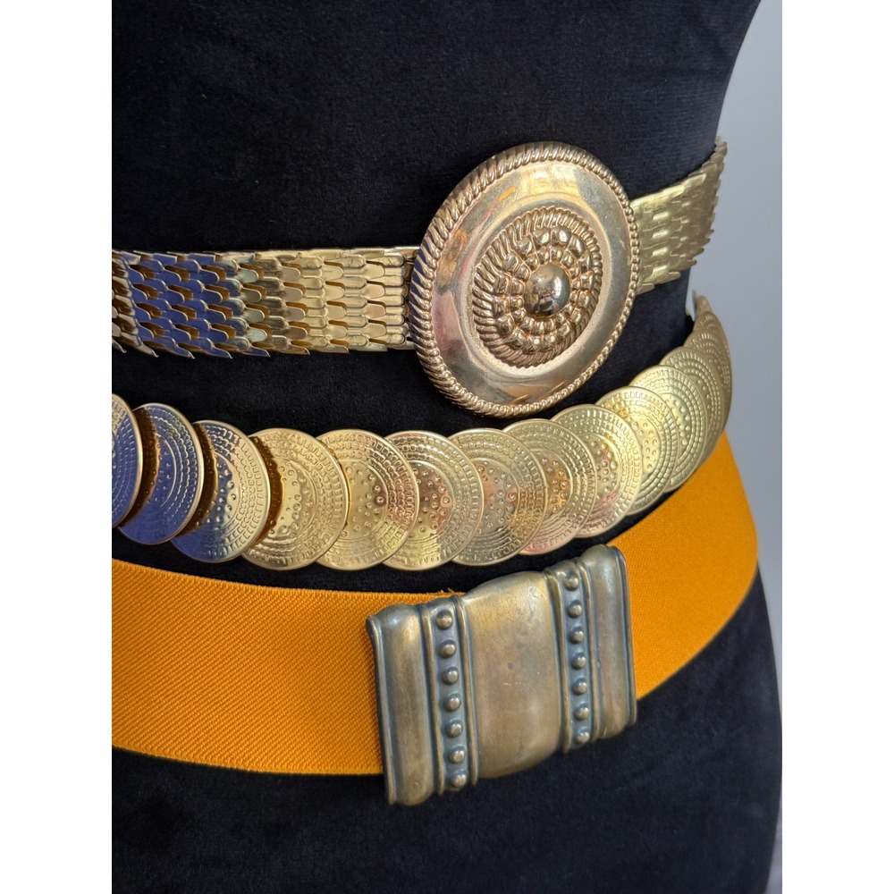 Vintage Gold Tone Metal Coin Scale Link and‎ Mustard Yellow Elastic Belt Set 3pc - Picture 11 of 16